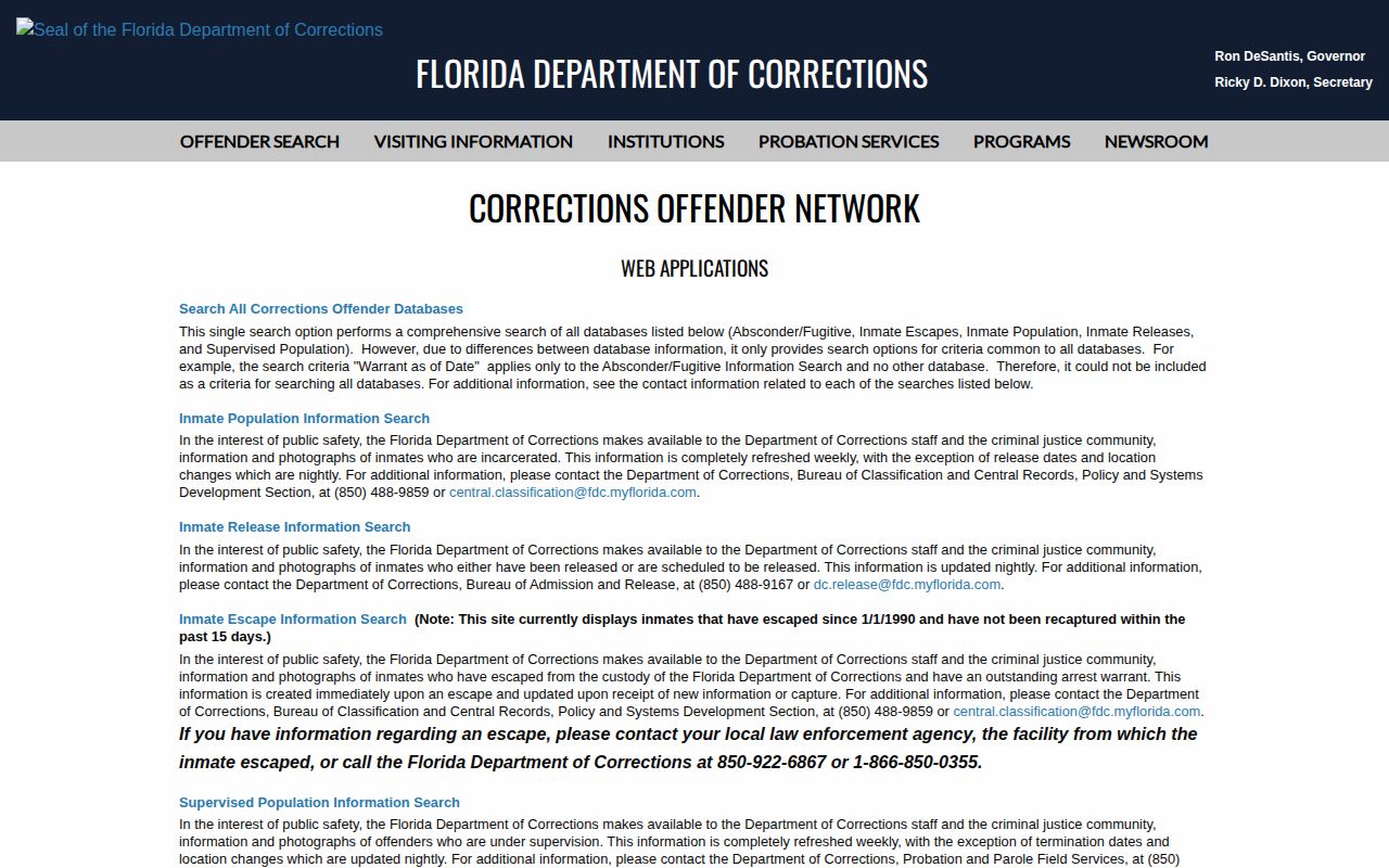 Union County released inmate search choices in the Florida Department of Corrections menu