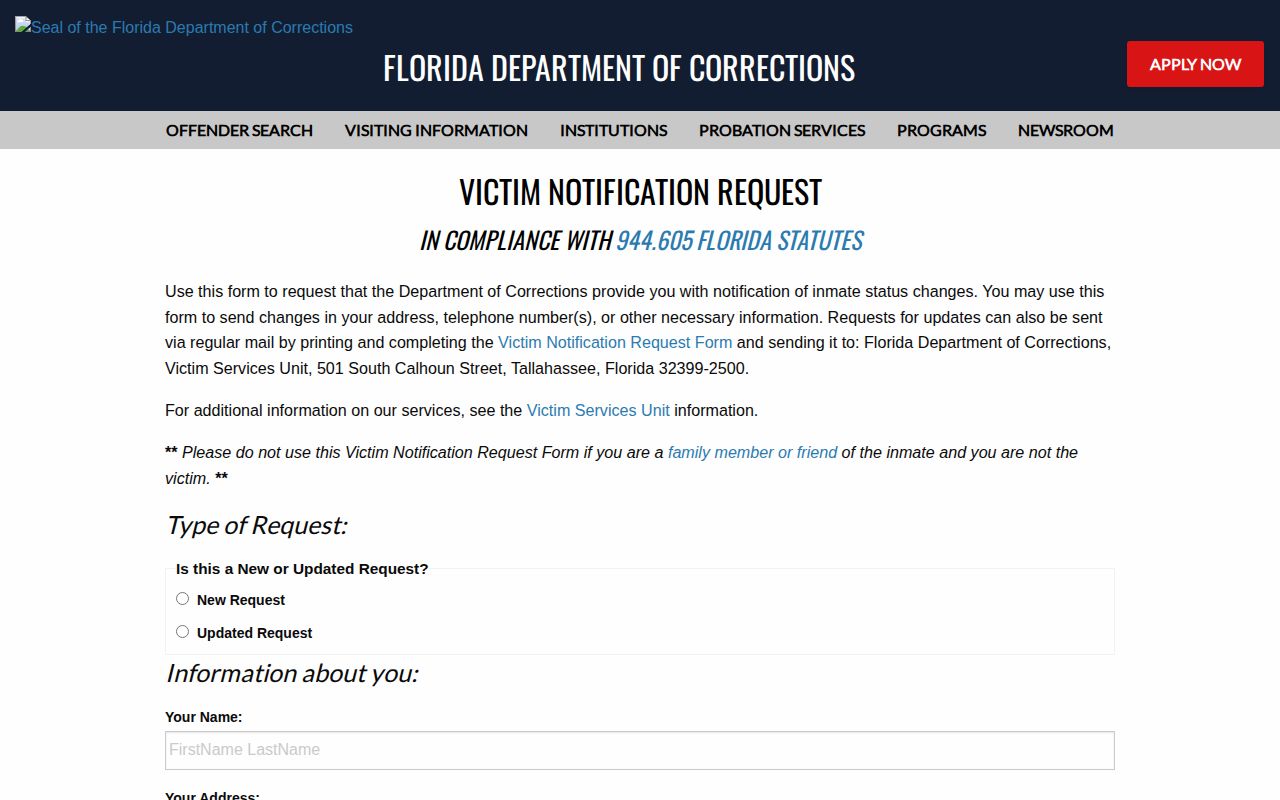 Florida VINE events and phone route for Union County release notifications