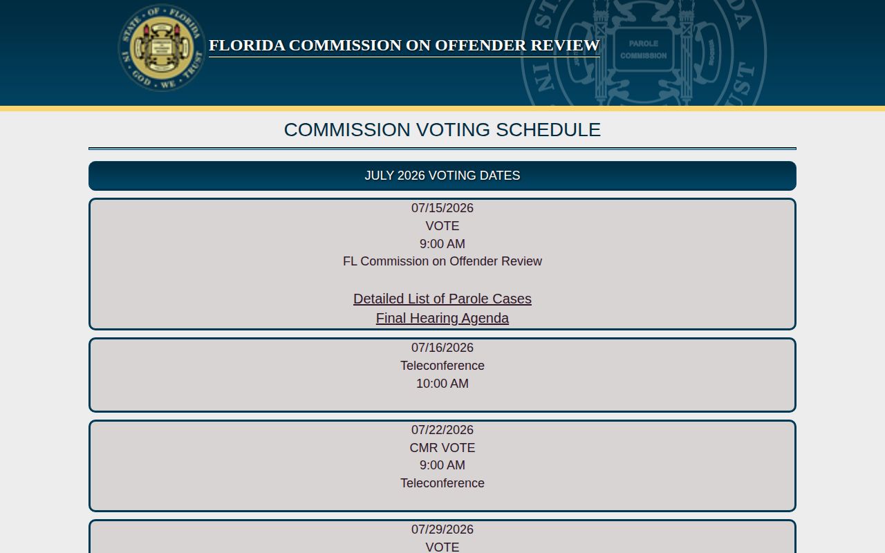 Florida parole schedule used for Union County release supervision checks