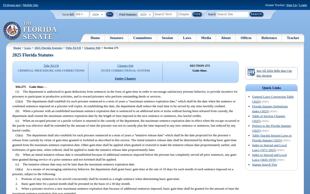 Florida gain-time statute for Union County projected release date calculations