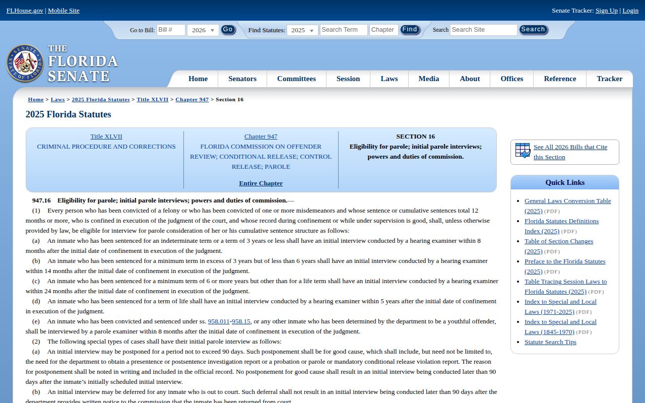 Florida parole eligibility statute for Union County parole record review