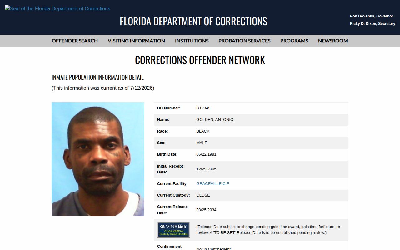 FDC current release date field for a Union County state inmate lookup